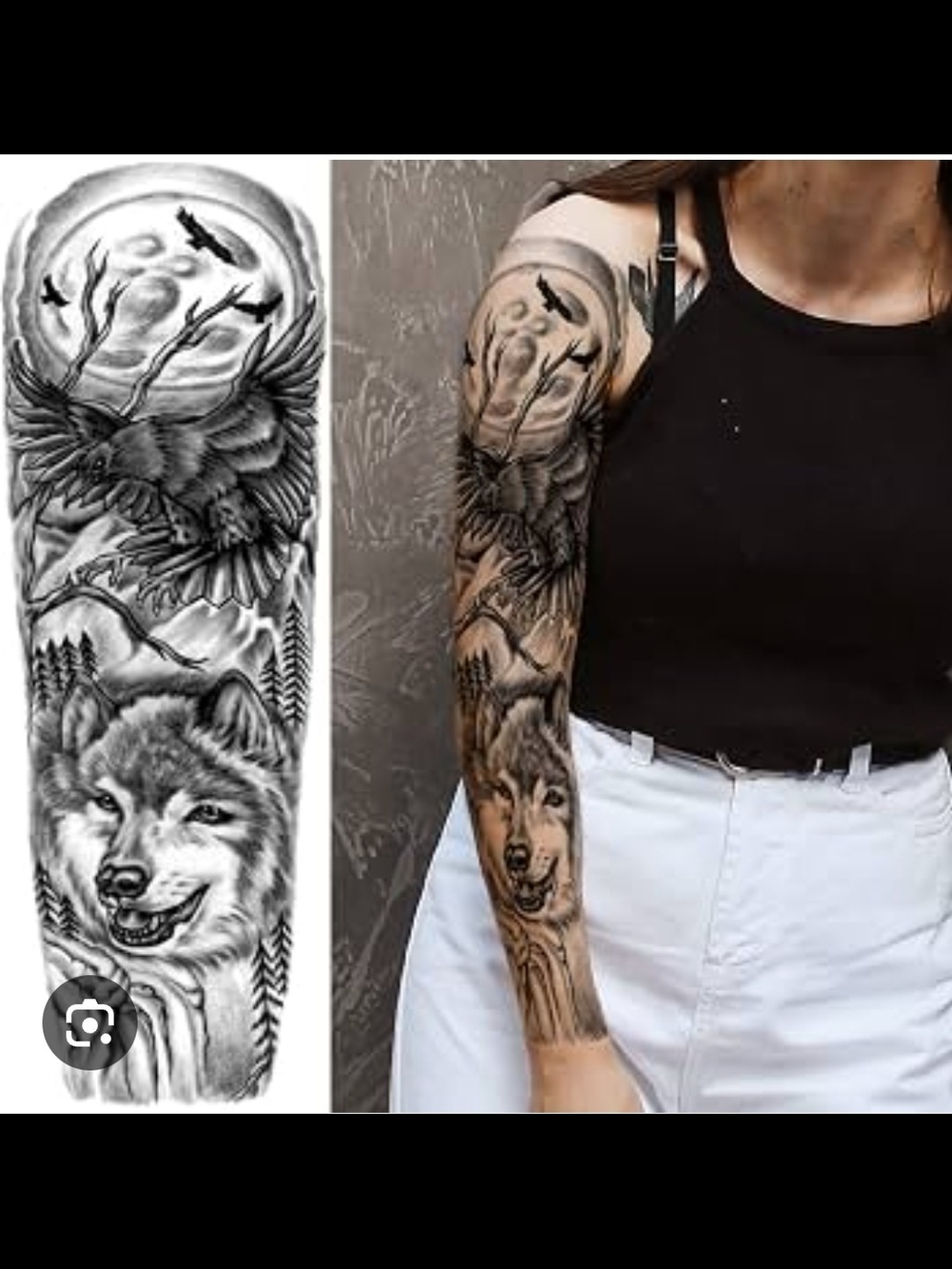 Black and Gray Wolf & Raven Full Sleeve Temporary Tattoo - Picture 2 of 4